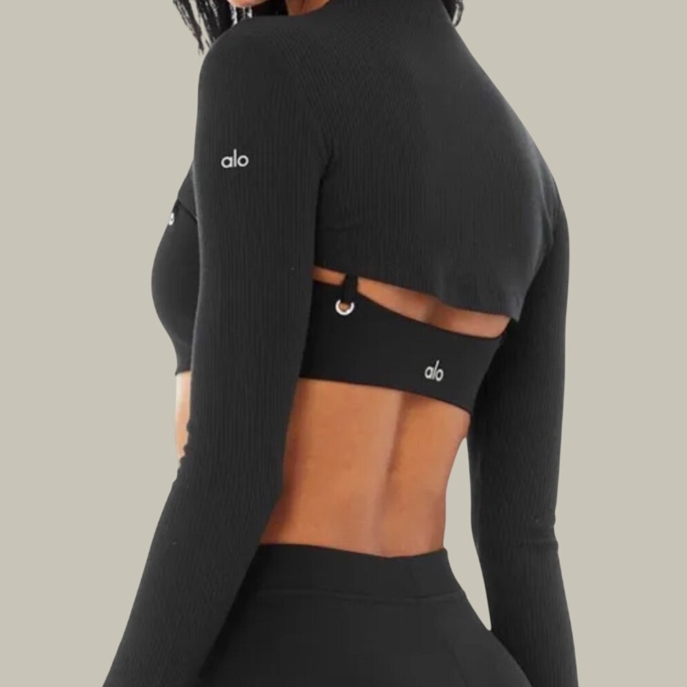 Alo Thrill Seeker Shrug Black Ribbed Mock Neck Long Sleeve Ultra Crop Top S